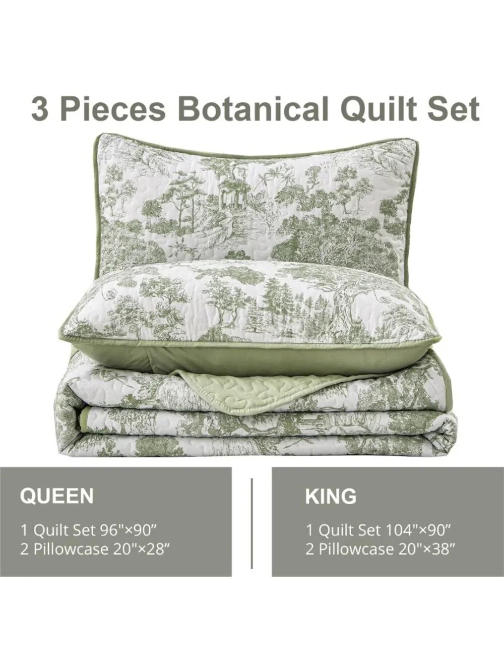Sage Green King Quilt Set - Reversible Floral Botanical Bedding, 3-Piece